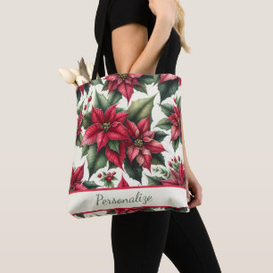 Bolsa Tote Poinsettias Vermelhas Elegantes Folhas Verdes Pers
