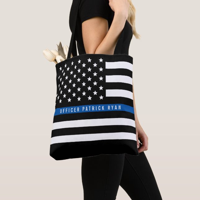 Bolsa Tote Policial Thin Blue Line American Flag Add Name (Close Up)