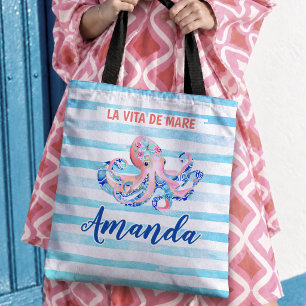 Bolsa Tote Polvo de Coral Listrado em Turquesa Náutico