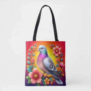 Bolsa Tote Pombo Colorido Rodeado por Flores Vibrantes