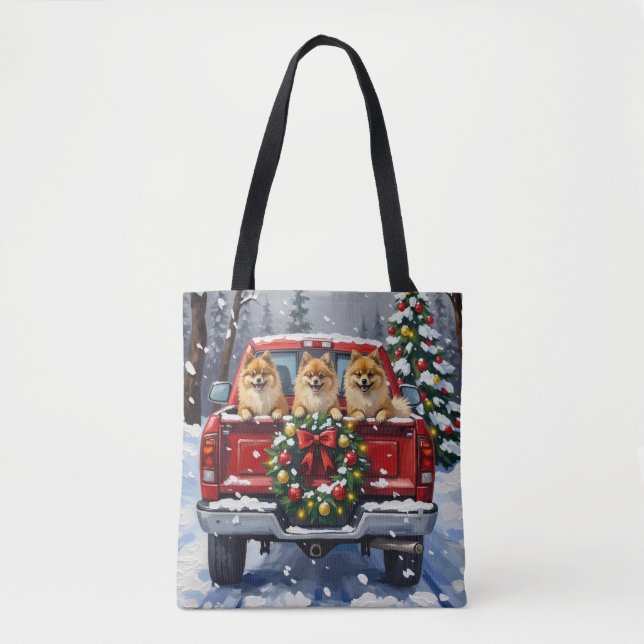 Bolsa Tote Pomeranian Christmas Red Truck Holiday Gift (Frente)