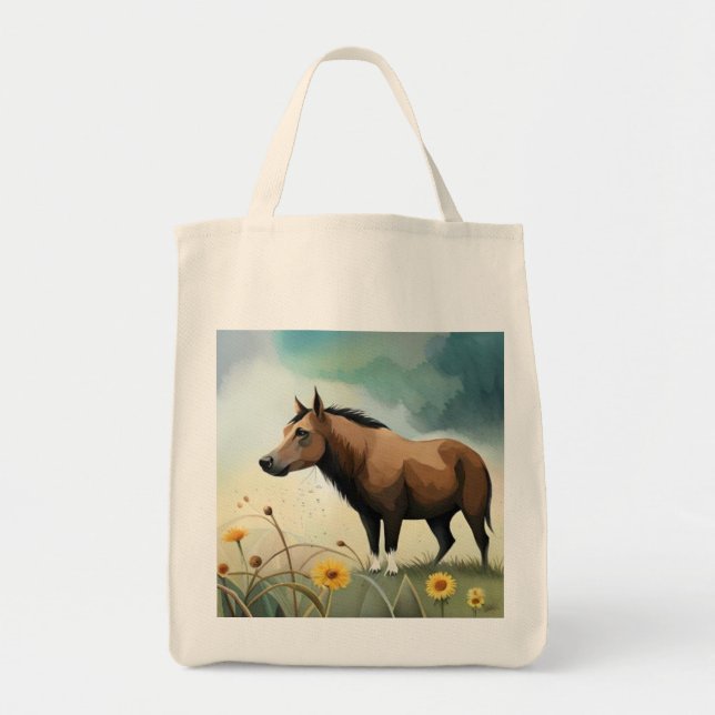 Bolsa Tote Pônea castanho-branca no campo floral (Frente)