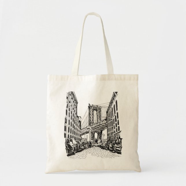 Bolsa Tote Ponte Brooklyn - Ilustração Branca Negra de Nova I (Frente)