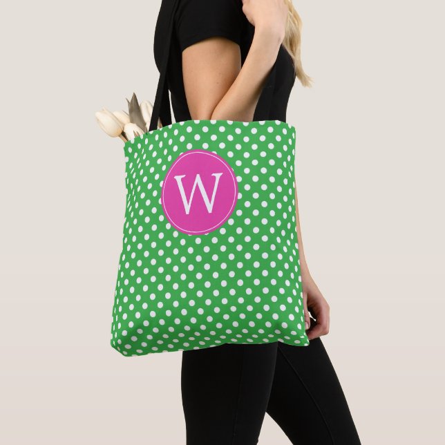 Bolsa Tote Ponto Verde e Branco com Monograma Rosa (Close Up)