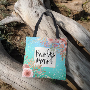 Bolsa Tote Pontos Dourados de Teal Floral Rosa de Bridesmaid