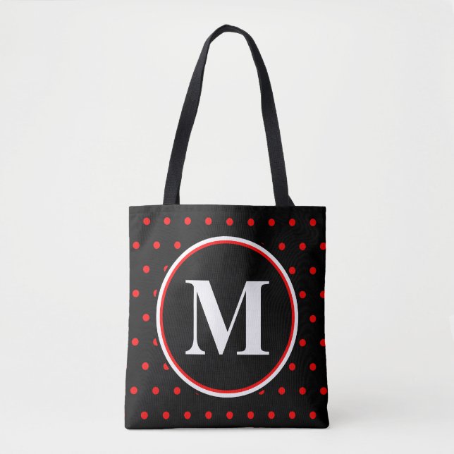 Bolsa Tote Pontos Polca Pretos e Vermelhos Monogramados (Frente)