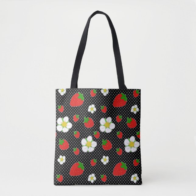 Bolsa Tote Pontos vermelhos da morango no preto (Frente)