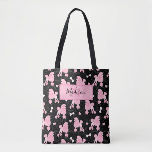 Bolsa Tote Poodles e Arcos Rosa Padrão Nome Preto Monograma