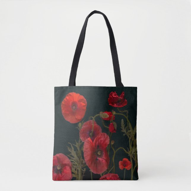 Bolsa Tote Poppies Vermelhos em Preto (Frente)