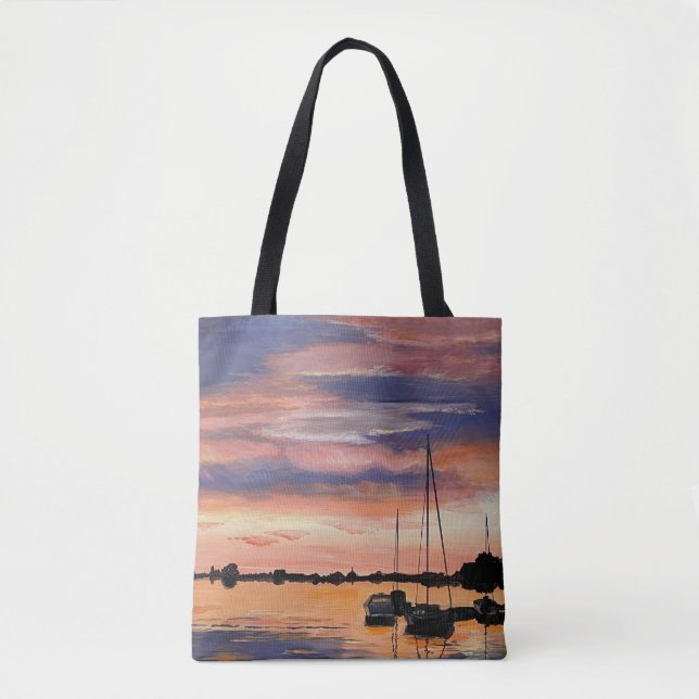 Bolsa Tote Pôr do sol costeiro sobre o saco de pintura de águ (Frente)