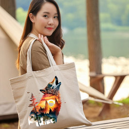 Bolsa Tote Pôr do sol dupla exposição lobo uivando