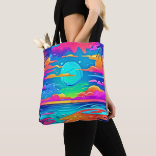 Bolsa Tote Pôr do Sol Neon Vibrante Sobre as Ondas do Oceano