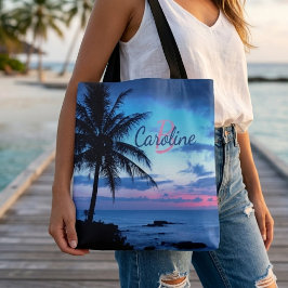 Bolsa Tote Pôr do sol personalizado na praia tropical do ocea