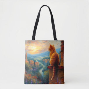 Bolsa Tote Pôr do sol toscano com um gato-gengibre