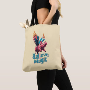 Bolsa Tote Porco bonito com asas coloridas   Acredita em Mági