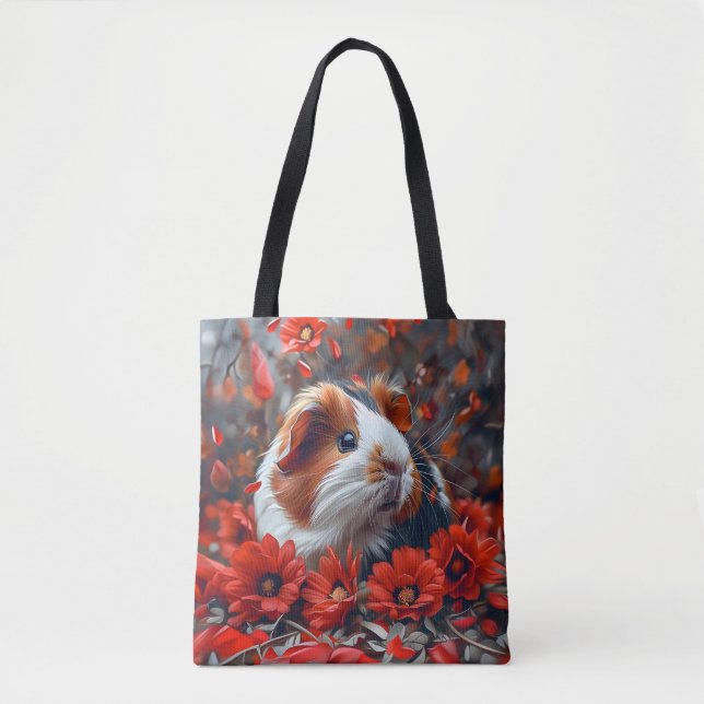 Bolsa Tote Porco-guineense entre Flores Vermelhas (Frente)