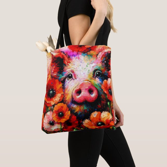 Bolsa Tote Porco Impressionista em Flores Vermelhas (Close Up)