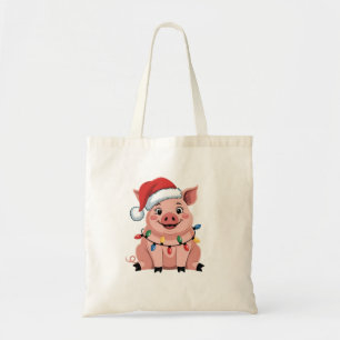 Bolsa Tote Porco Natal Chapéu de Papai Noel Xmas Festa Porco