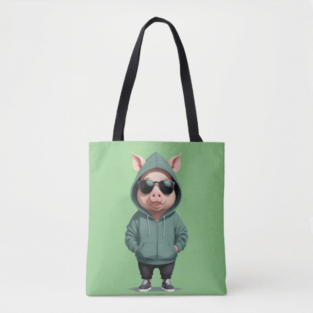 Bolsa Tote Porco Vestindo Hoodie Engraçado Caráter Animal Leg (Frente)