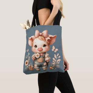 Bolsa Tote Porquinho Caprichoso em Jardineira Pastel Azul