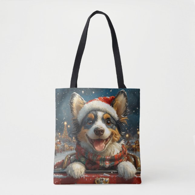 Bolsa Tote Porta copos de Cachorro de Cachorro Azul no Natal (Frente)