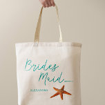 Bolsa Tote Porta-vozes de casamento estrelado de destino da p<br><div class="desc">Starfish Bridesmaid sea / praia / saco de tote de casamento de destino com script de caligrafia azul aqua e texto editável. Personalize-o com o nome da dama de honra.</div>