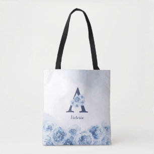 Bolsa Tote Porta-vozes florais azul de monograma personalizad