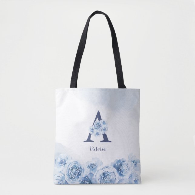 Bolsa Tote Porta-vozes florais azul de monograma personalizad (Frente)