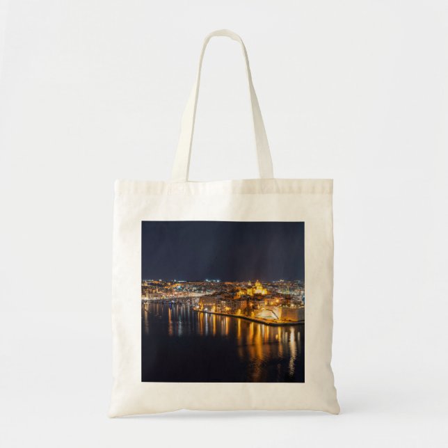 Bolsa Tote Porto de Malta iluminado à noite (Frente)