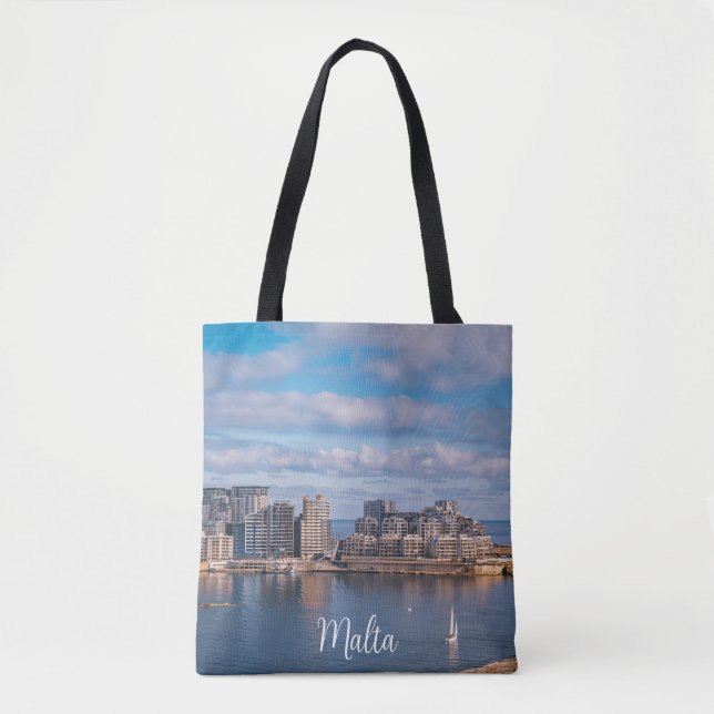 Bolsa Tote Porto de Sliema e arranha-céus em Malta (Frente)