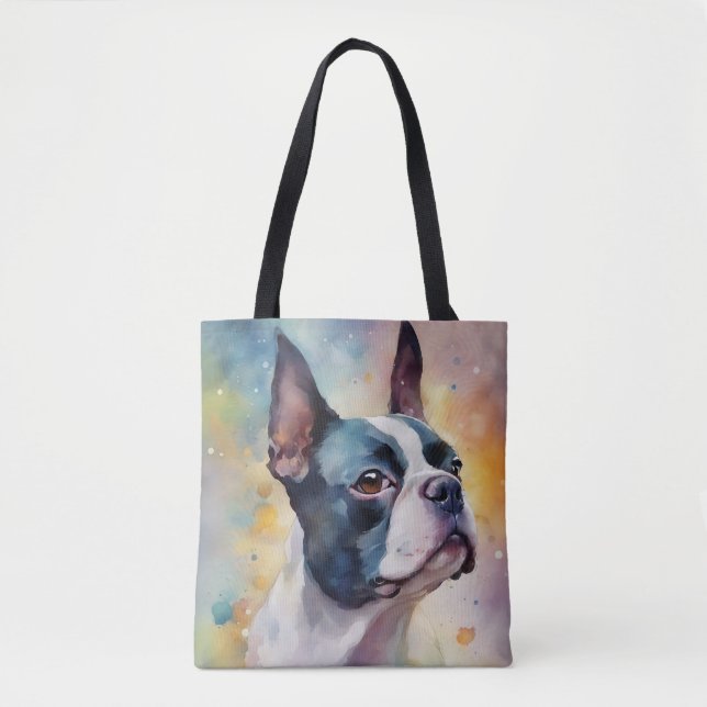 Bolsa Tote Portrato Digital de Aquarela de Boston Terrier 173 (Frente)
