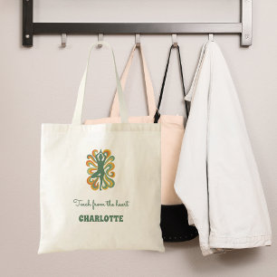 Bolsa Tote Pose de yoga espirais verde laranja nome slogan re