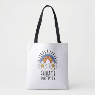 Bolsa Tote Positividade radiada   Arco-Íris e flores colorida