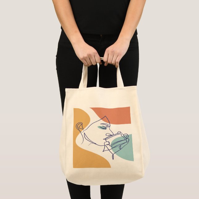 Bolsa Tote poster de desenho da arte em linha de café bebendo (Frente (produto))
