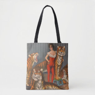 Bolsa Tote Poster De Mulher Vintage Circus Com Seis Tigres.