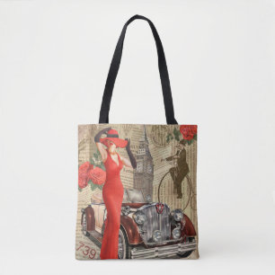 Bolsa Tote Poster vintage Londres rasgada fundo de jornal.
