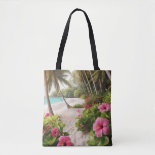 Bolsa Tote Praia Arenosa Flores de Hibisco Rosa Tropical