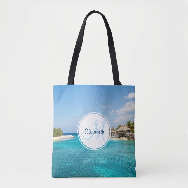 Bolsa Tote Praia tropical cêntrica com Monograma de Huts Atin (Frente)