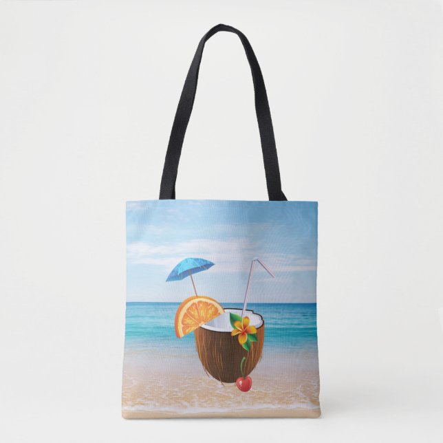 Bolsa Tote Praia Tropical, Céu Azul, Areia Oceânica, Coctail  (Frente)