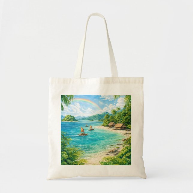Bolsa Tote Praia Tropical das Ilhas Salomão, Arco-íris e Lago (Frente)