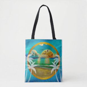 Bolsa Tote Praia Tropical Moderna Palmeiras Pôr do Sol Férias