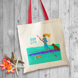 Bolsa Tote Prancha de Paddle Girl Cachorro Tartaruga Ilustrad