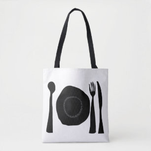 Bolsa Tote Prata e Utensílios Pretos e Brancos