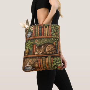 Bolsa Tote Prateleira de livros vintage com gato e café