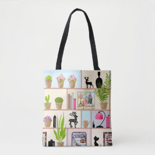 Bolsa Tote Prateleiras com flores, livros e decorações