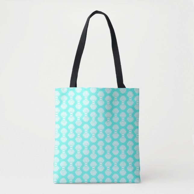 Bolsa Tote Prateleiras Scallop Padrão Aquamarine e Branco (Frente)