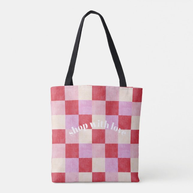 Bolsa Tote pré-disquete vermelho-rosa-xadrez do namorados do  (Verso)