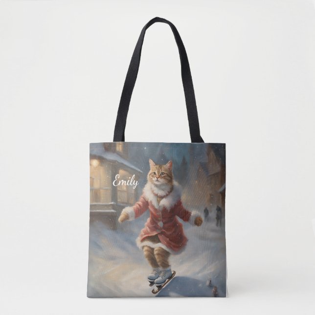 Bolsa Tote Pregando Gato de Natal Bonito Reproduzindo (Frente)