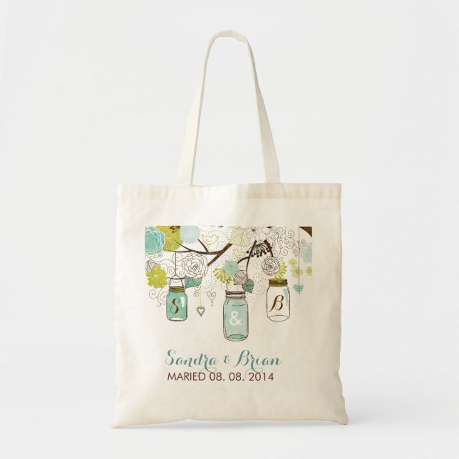 Bolsa Tote Prendendo Mason Jar 2 e Design de Casamento das Fl (Frente)