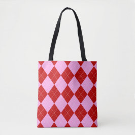Bolsa Tote Preppy Argyle Tartan Diamond Xadrez Vermelho Rosa